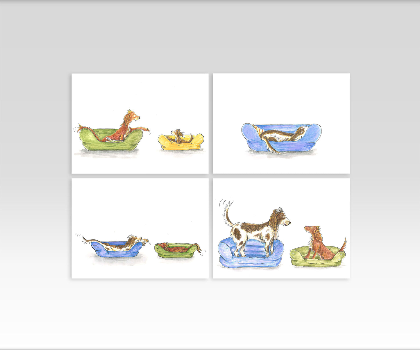 A6 CARDS, PACK OF 4 Dogs in beds