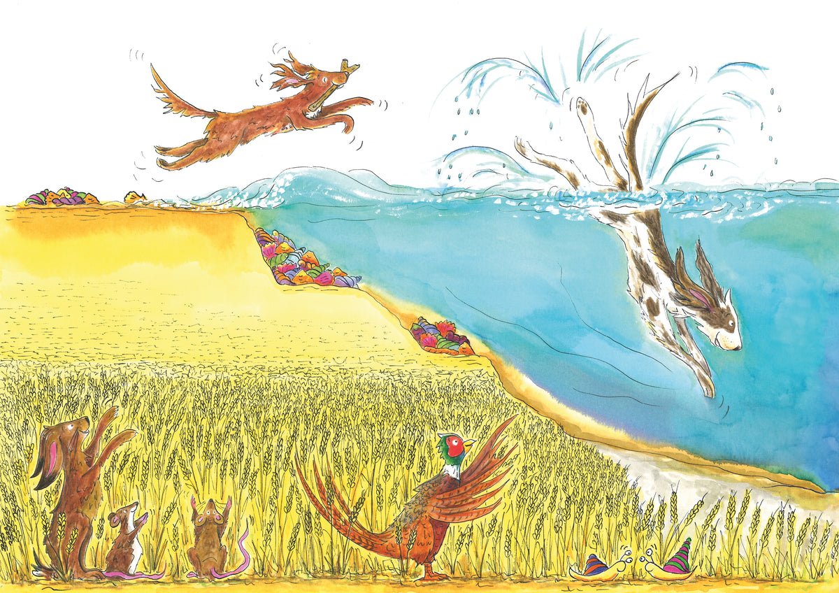 Dog Diving Into Sea – A5 Greeting Card