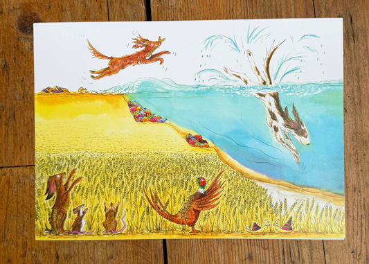 Dog Diving Into Sea – A5 Greeting Card
