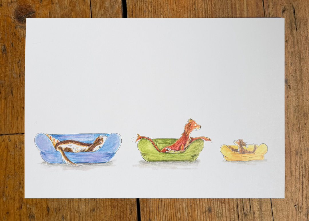 Dogs In Bed - A5 Greeting Card
